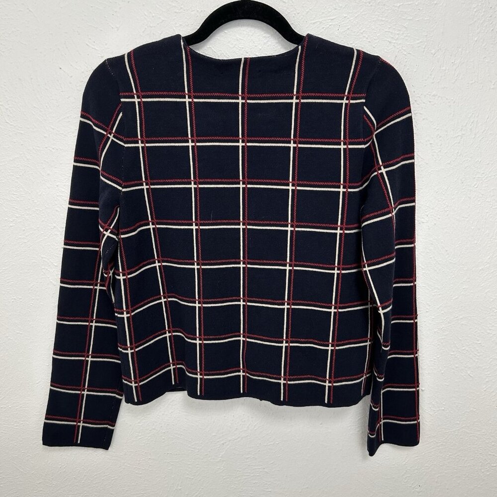 Ann Taylor Cardigan Sweater Windowpane Check Red Blue Button Down Career Size MP - Picture 7 of 10